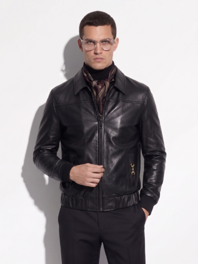 Horsebit Men's Italian Lambskin Black Genuine Leather Bomber Jacket