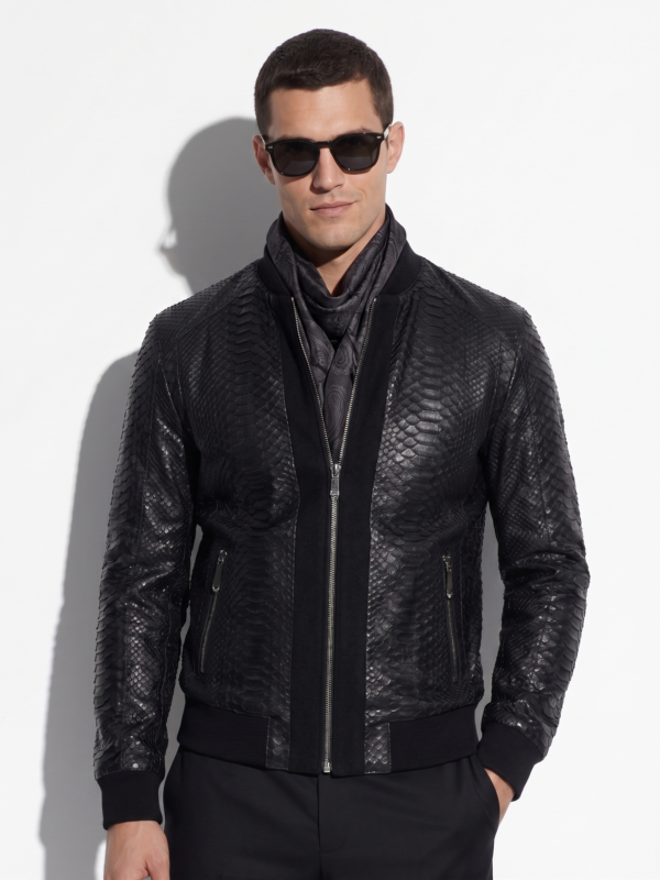 Men's Black Python Leather Suede Trim Exotic Snake Skin Luxury Handmade Jacket