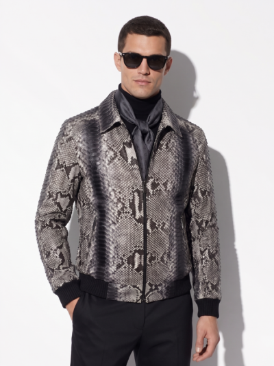 Handmade Python Leather Bomber Jacket: Men's Exotic Snake Skin