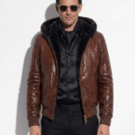 Genuine Python Leather Real Sheep Fur Lining Men's Luxury Brown Hoodie Jacket