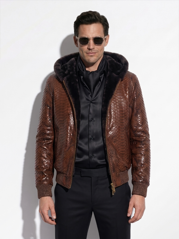 Genuine Python Leather Real Sheep Fur Lining Men's Luxury Brown Hoodie Jacket