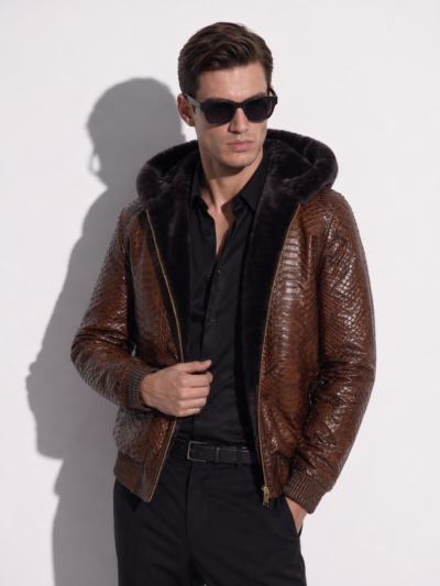 Brown Python Hoodie Jacket with Sheep Fur Lining