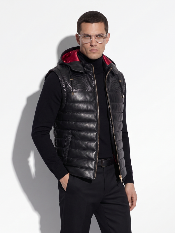 Men's Nappa Leather Hooded Vest: Python Trim, Quilted Waistcoat