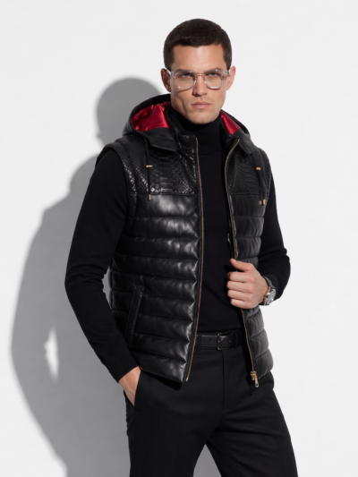 Nappa Leather Hooded Vest with Python Trim