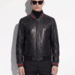 Men's Red Green Italian Colors Black Textured Genuine Leather Bomber Jacket