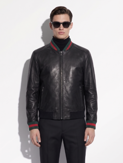 Men's Red Green Italian Colors Black Textured Genuine Leather Bomber Jacket