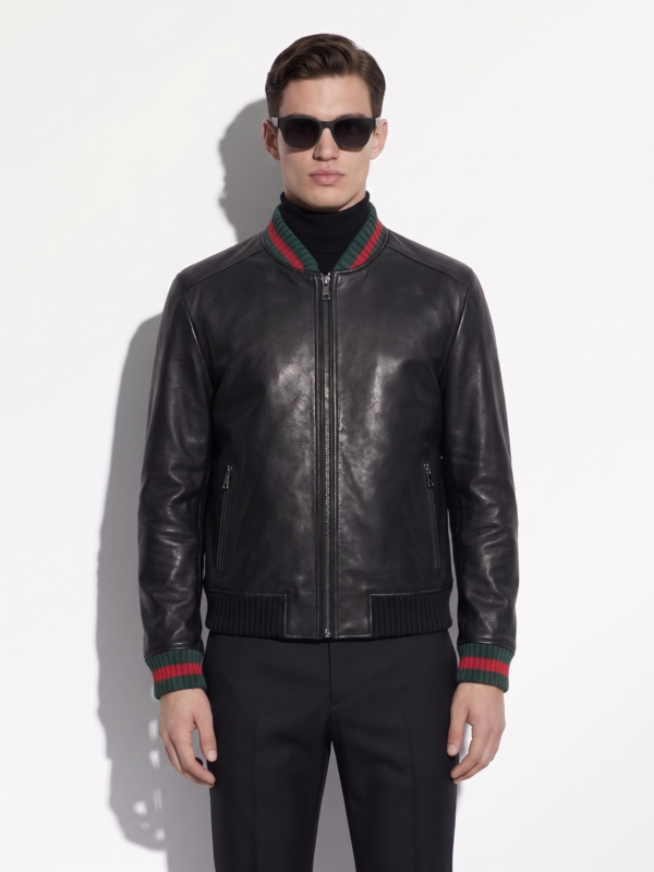 Men's Red Green Italian Colors Black Textured Genuine Leather Bomber Jacket