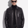 Men's Quilted Stretch Black Lambskin Genuine Leather Bomber Jacket