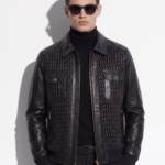 Men's Quilted Stretch Black Lambskin Genuine Leather Bomber Jacket