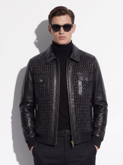 Men's Quilted Stretch Black Lambskin Genuine Leather Bomber Jacket