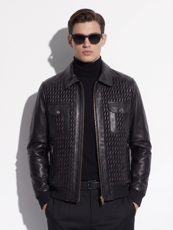 Men's Quilted Stretch Black Lambskin Genuine Leather Bomber Jacket