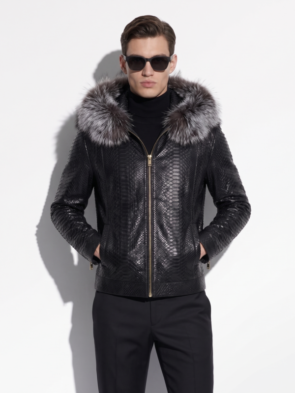 Genuine Python Leather Removable Real Fox Fur Hooded Handmade Jacket For Men