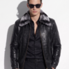 Men's Black Crocodile Embossed Rex Fur Collar Genuine Lambskin Leather Jacket