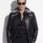Men's Black Crocodile Embossed Rex Fur Collar Genuine Lambskin Leather Jacket