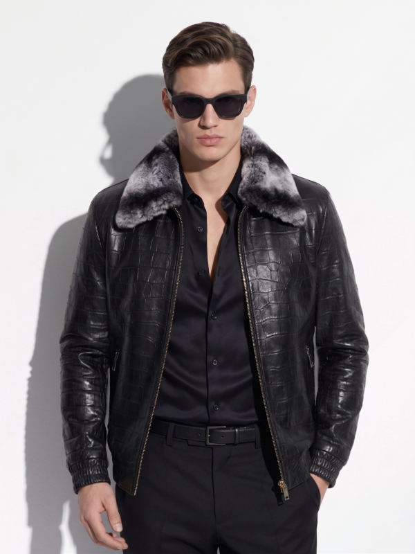 Men's Black Crocodile Embossed Rex Fur Collar Genuine Lambskin Leather Jacket