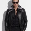 Crocodile-Embossed Leather Jacket with Fur Collar
