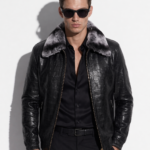 Crocodile-Embossed Leather Jacket with Fur Collar