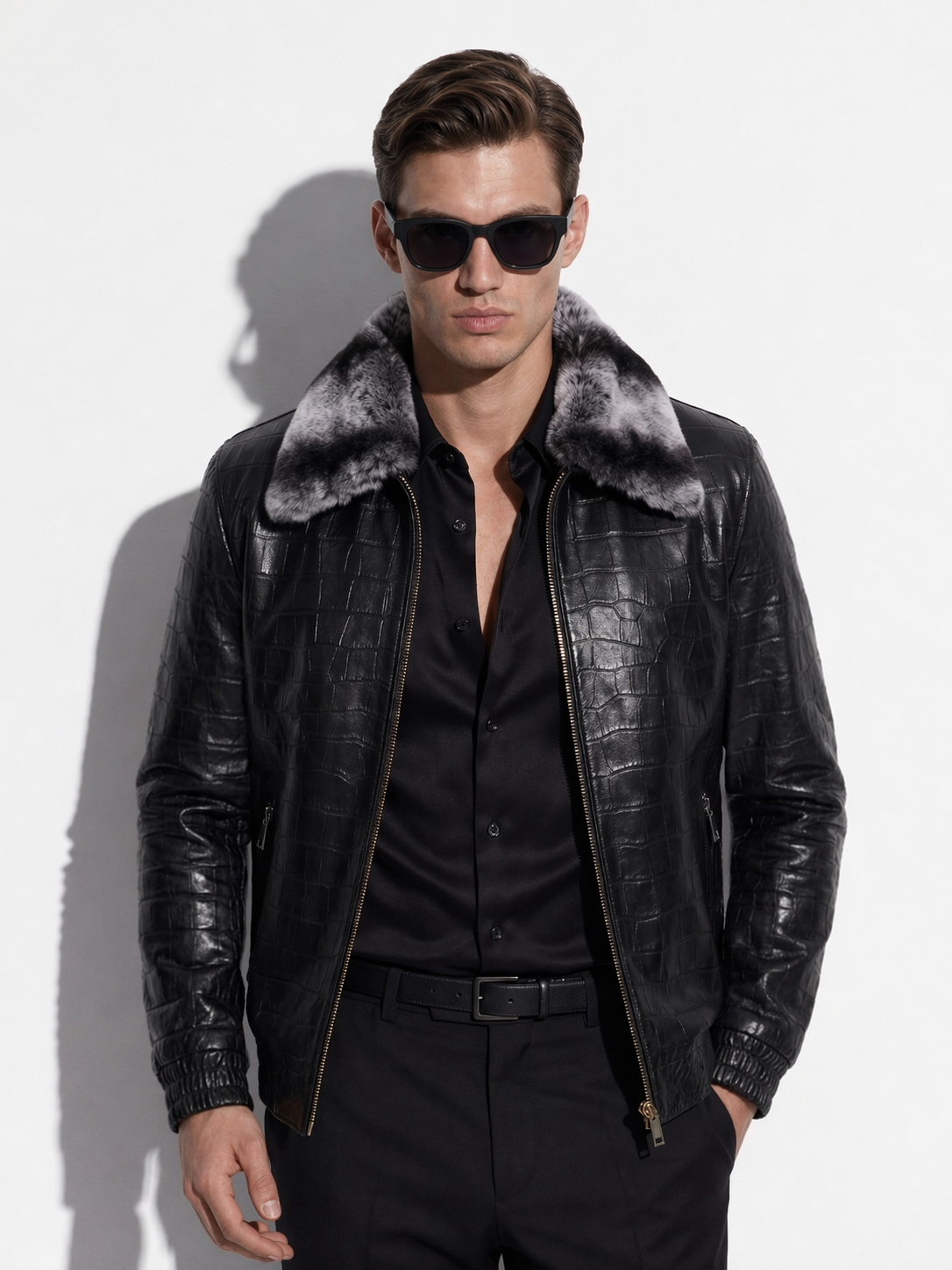 Crocodile-Embossed Leather Jacket with Fur Collar
