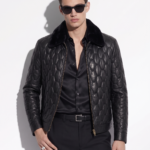 Removable Mink Fur Collar Quilted Genuine Leather Men's Luxury Black Bomber Jacket