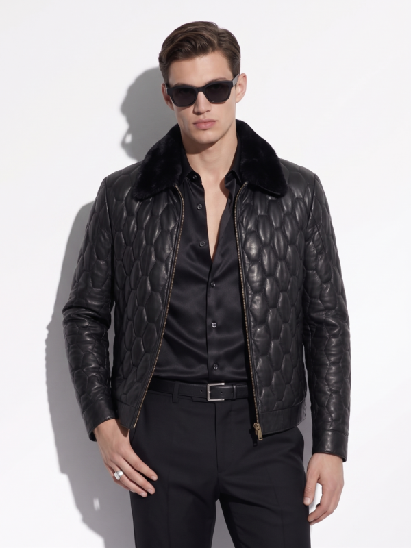 Removable Mink Fur Collar Quilted Genuine Leather Men's Luxury Black Bomber Jacket