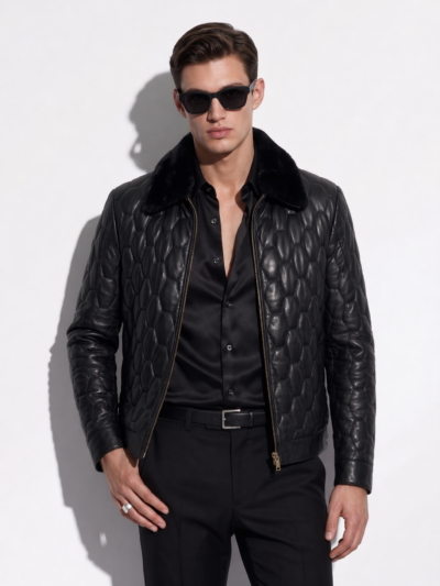 Quilted Leather Jacket with Mink Fur Collar