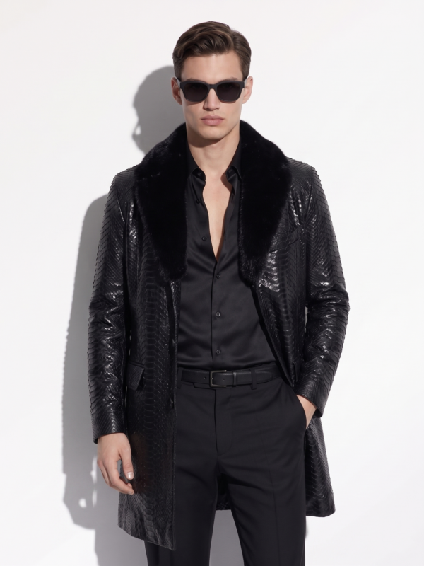 Genuine Python Leather Coat: Men's Black Navy Blue Mink Fur Collar