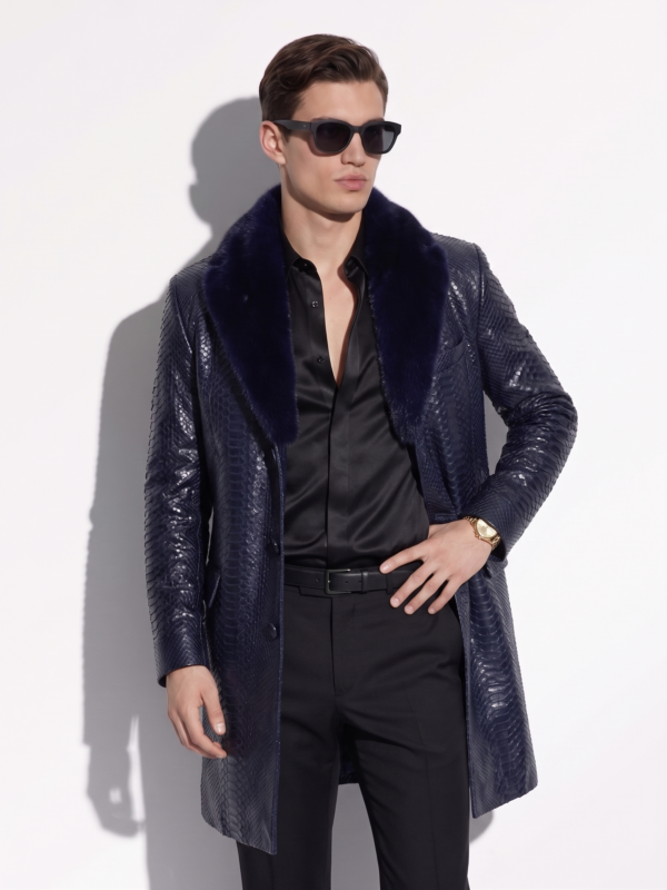 Genuine Python Leather Coat: Men's Black Navy Blue Mink Fur Collar