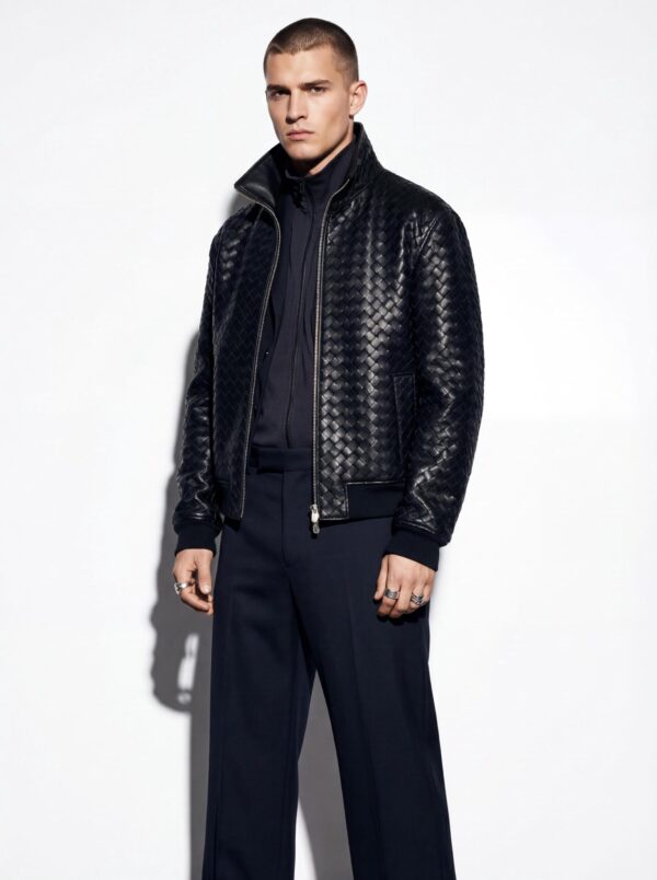 Hand Woven Lambskin Blouson Braided Genuine Leather Men's Bomber Jacket