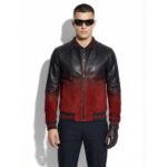 Men's Red Black Gradient Leather Bomber Jacket: Handmade Suede