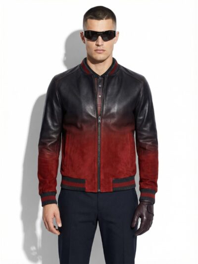 695e596e59f447123fa4de1d.jpg Men's Red Black Gradient Leather Bomber Jacket: Handmade Suede