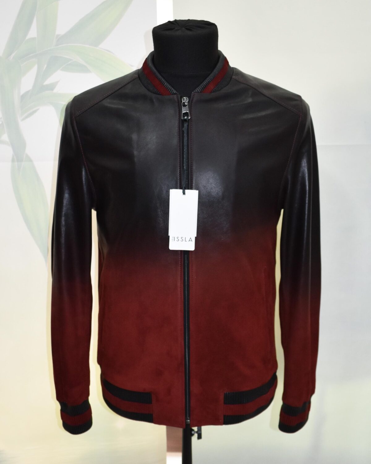Men's Red Black Gradient Leather Bomber Jacket: Handmade Suede