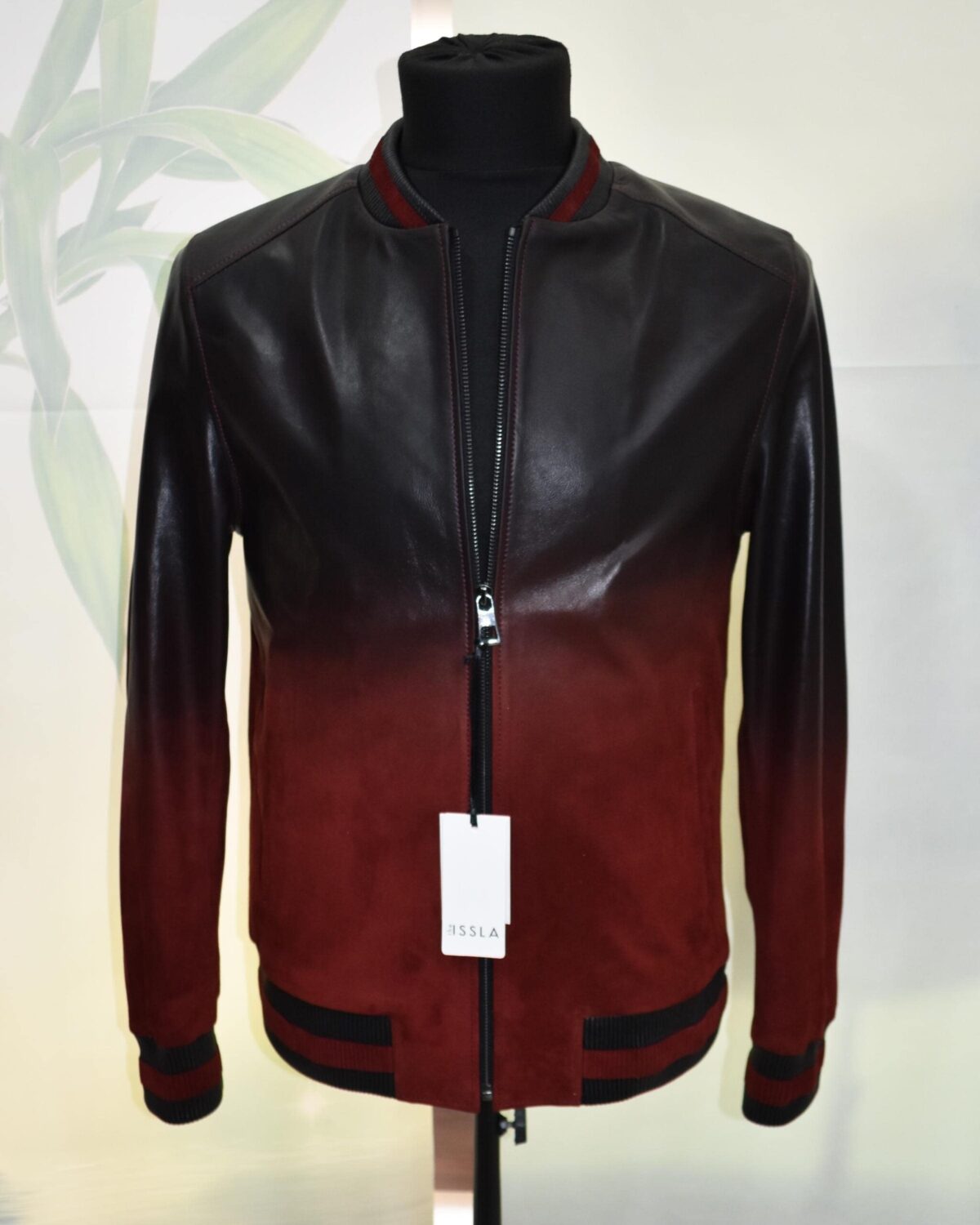 Men's Red Black Gradient Leather Bomber Jacket: Handmade Suede