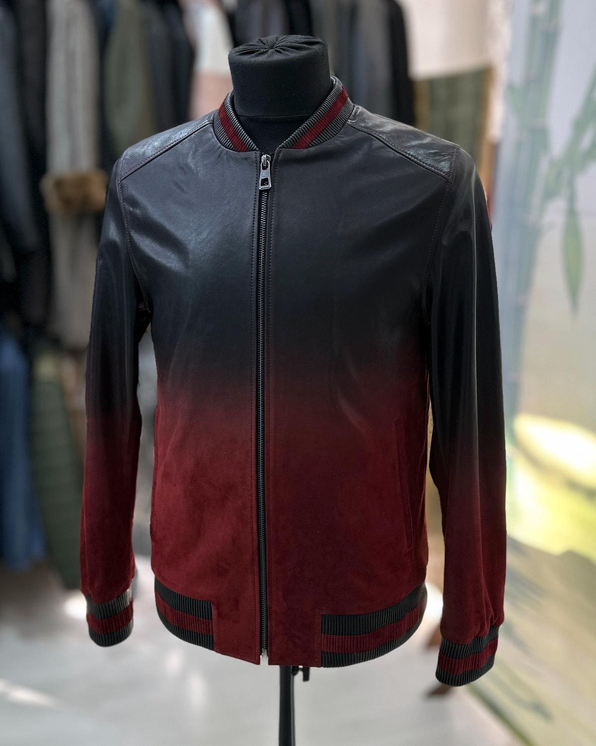 Men's Red Black Gradient Leather Bomber Jacket: Handmade Suede