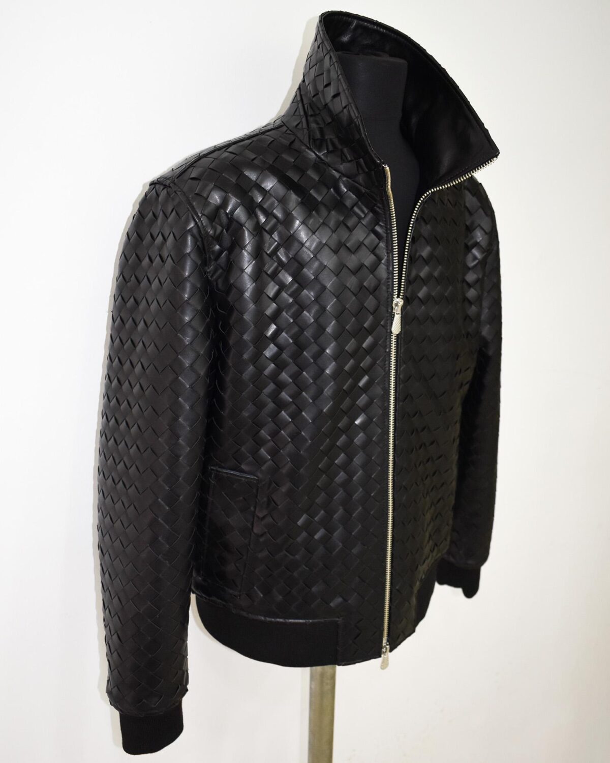 Intrecciato Lambskin Blouson Hand Woven Genuine Leather Men's Bomber Jacket