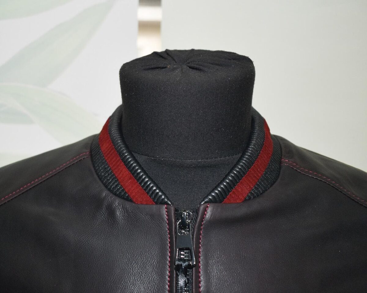 Men's Red Black Gradient Leather Bomber Jacket: Handmade Suede