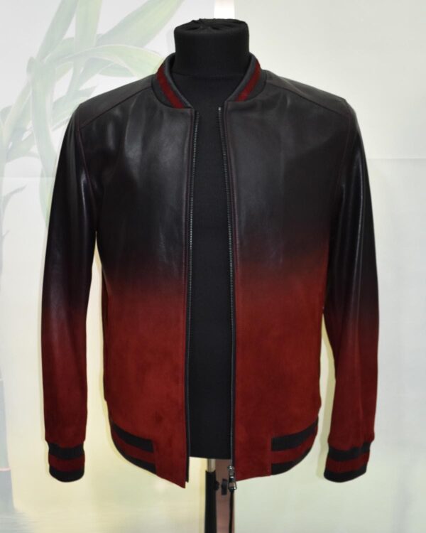 Men's Red Black Gradient Leather Bomber Jacket: Handmade Suede