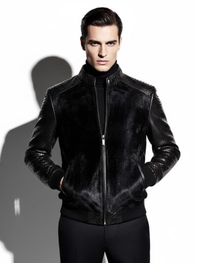 Genuine Pony Hair Real Python Leather Men's Black Luxury Handmade Bomber Jacket