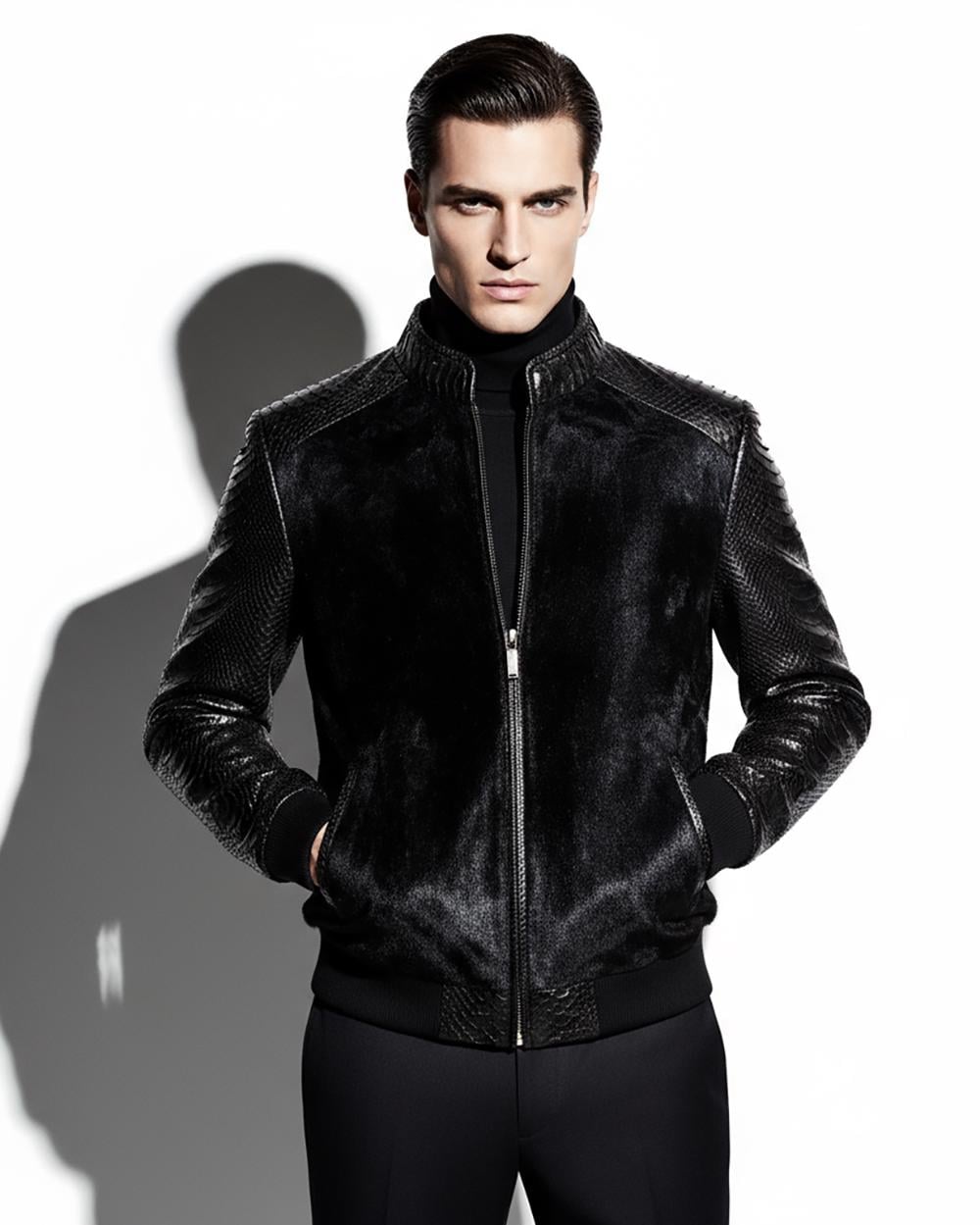 Genuine Pony Hair Real Python Leather Men's Black Luxury Handmade Bomber Jacket