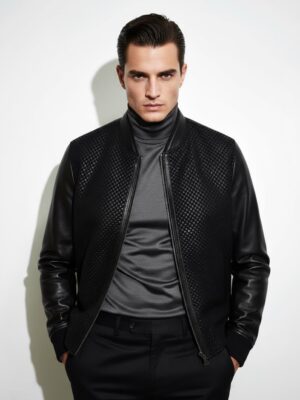 Suede Trim Intrecciato Lambskin Black Hand Woven Genuine Leather Men's Bomber Jacket