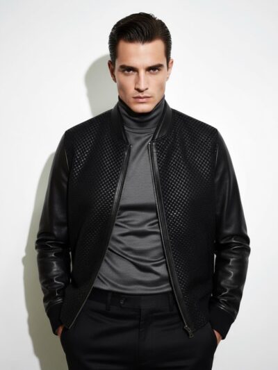 Suede Trim Intrecciato Lambskin Black Hand Woven Genuine Leather Men's Bomber Jacket