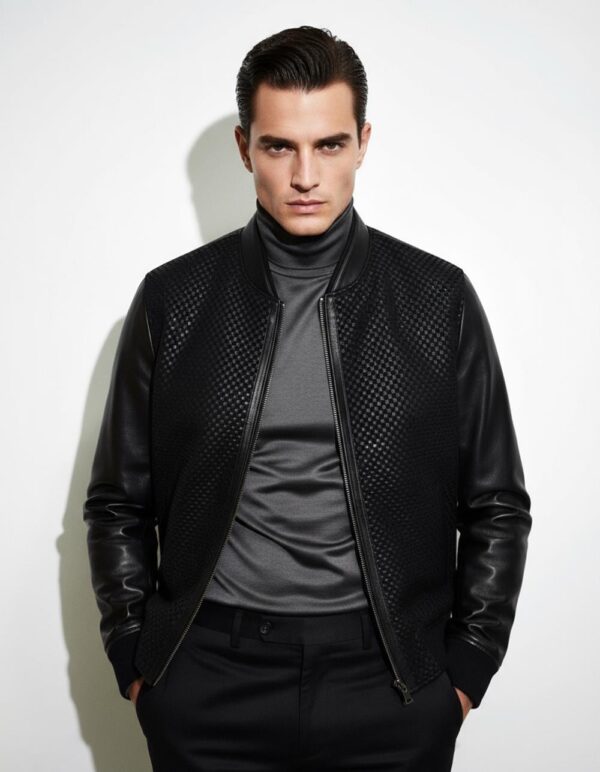 Suede Trim Basketweave Lambskin Black Hand Woven Genuine Leather Men's Bomber Jacket