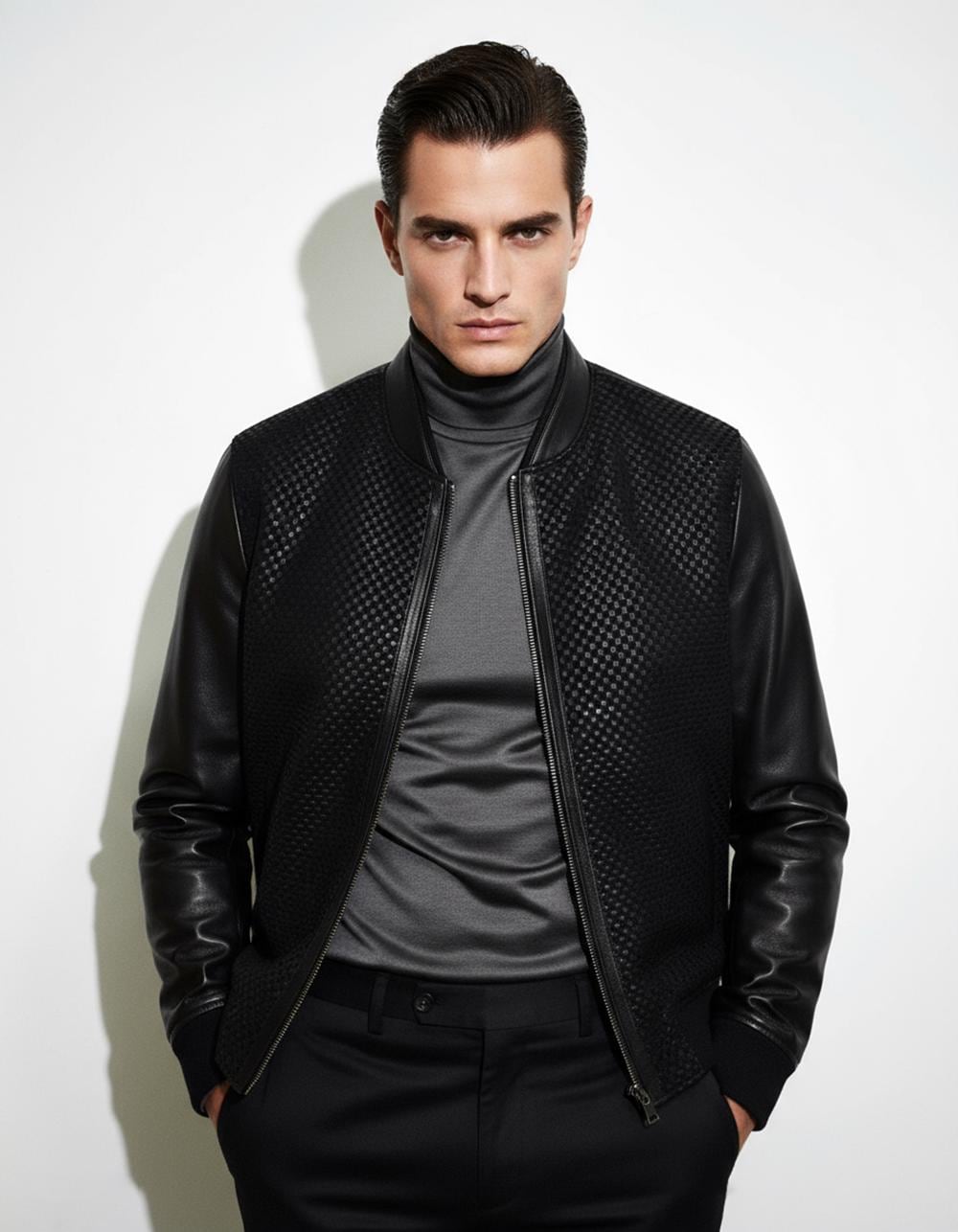 695e597959f447123fa4e42b.jpg Suede Trim Intrecciato Lambskin Black Hand Woven Genuine Leather Men's Bomber Jacket