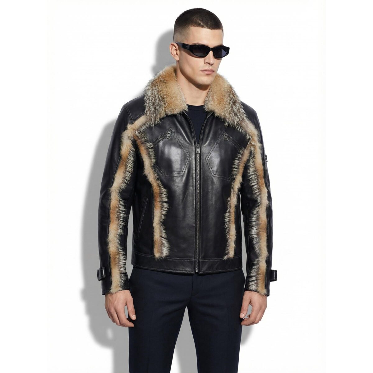 Genuine Jackal Fur Trim Black Leather Jacket – Luxury Men’s Fur Collar Trimmed Coat