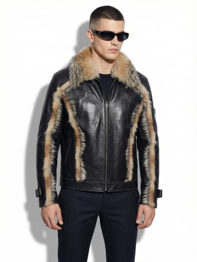 Genuine Jackal Fur Trim Black Leather Jacket – Luxury Men’s Fur Collar Trimmed Coat