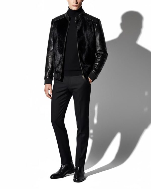 Genuine Pony Hair Real Python Leather Men's Black Luxury Handmade Bomber Jacket