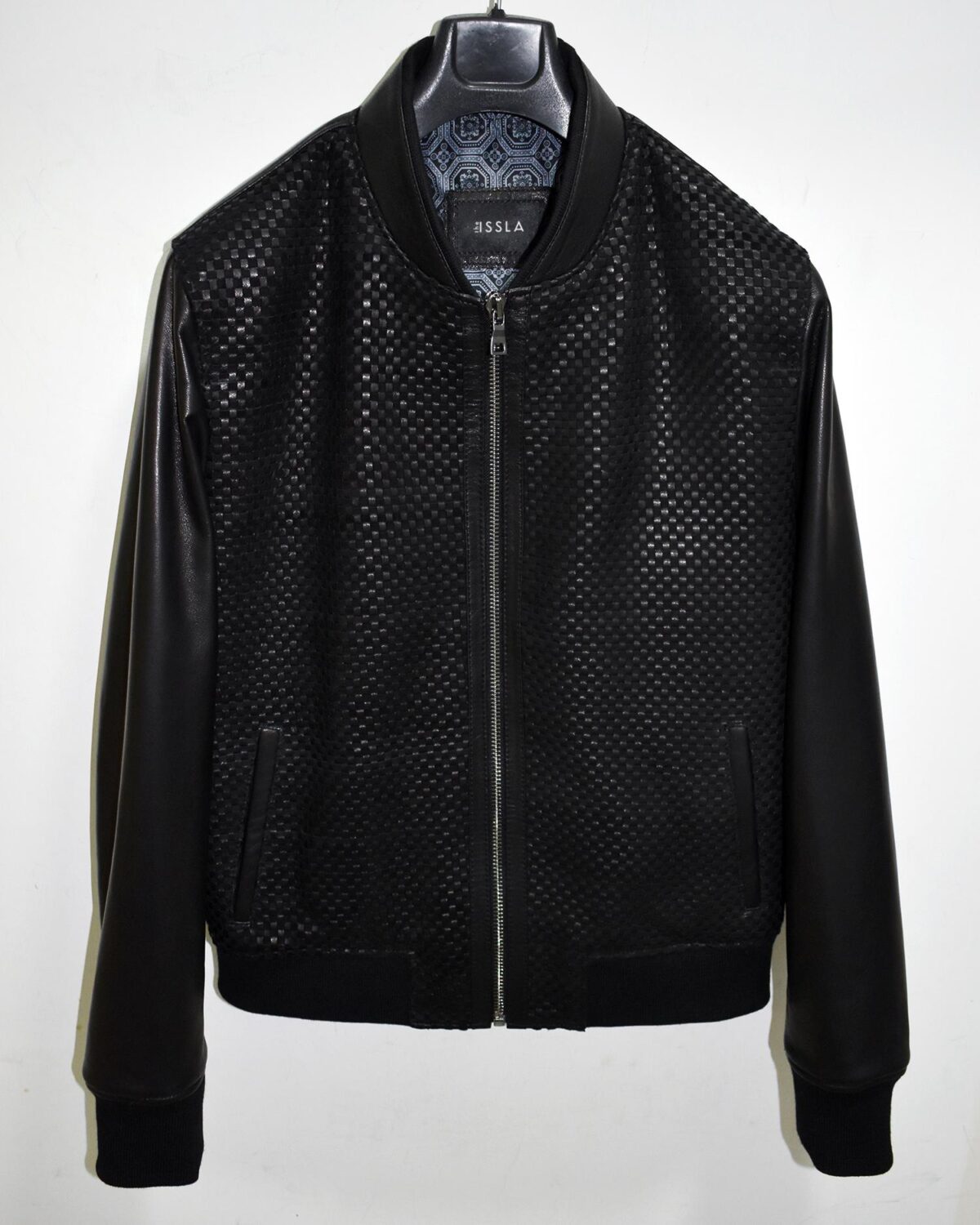 695e597a59f447123fa4e432.jpg Suede Trim Intrecciato Lambskin Black Hand Woven Genuine Leather Men's Bomber Jacket
