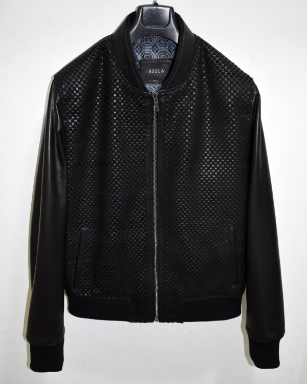 Suede Trim Basketweave Lambskin Black Hand Woven Genuine Leather Men's Bomber Jacket