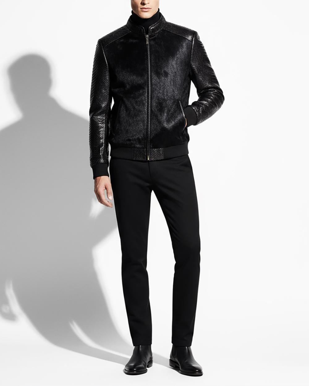 Genuine Pony Hair Real Python Leather Men's Black Luxury Handmade Bomber Jacket