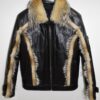 Genuine Jackal Fur Trim Black Leather Jacket – Luxury Men’s Fur Collar Trimmed Coat