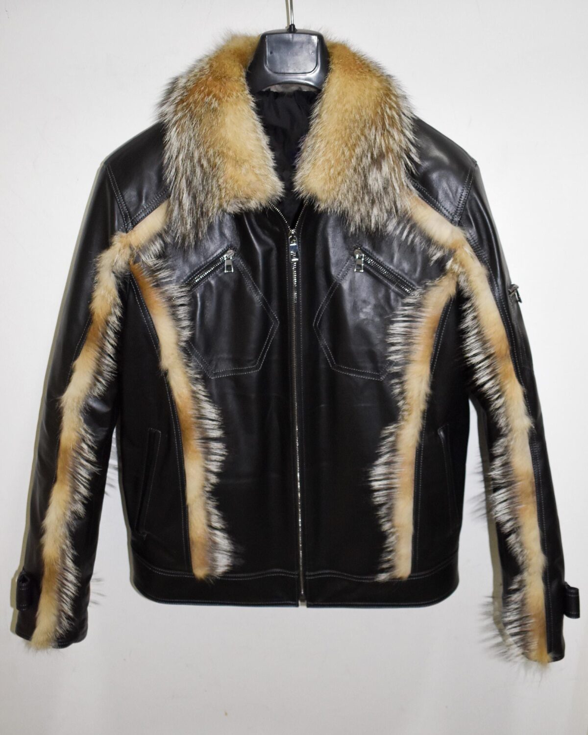Genuine Jackal Fur Trim Black Leather Jacket – Luxury Men’s Fur Collar Trimmed Coat